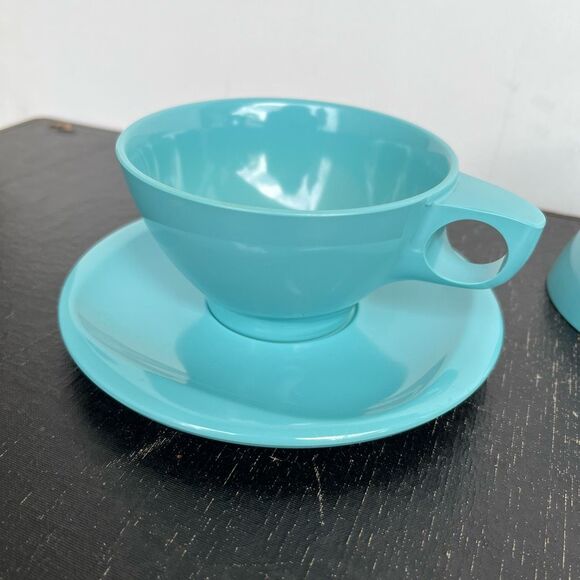 VTG Boontonware Melmac Teal Cups & Saucers Set Mid Century Modern 1950s - Picture 10 of 10